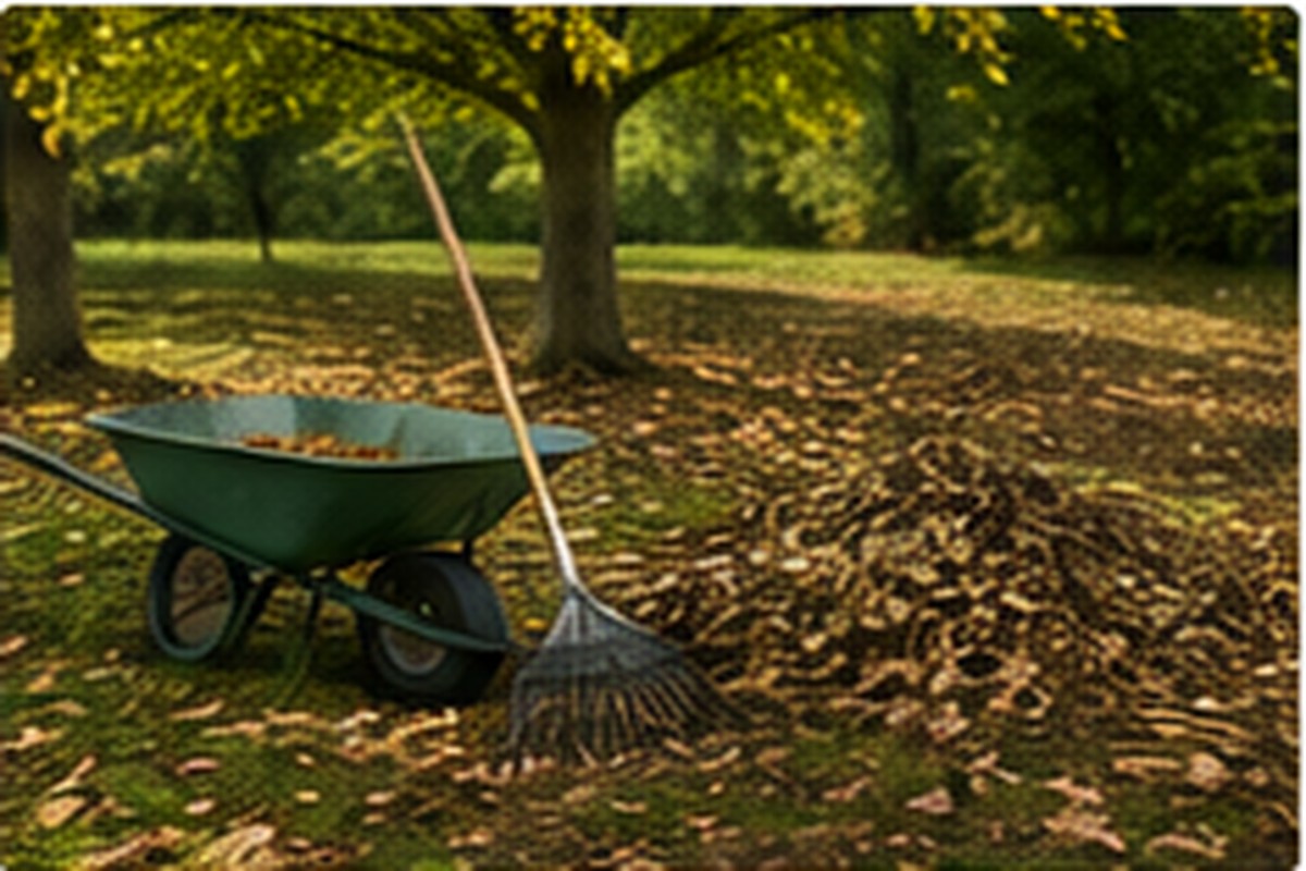 Seasonal leaf cleanup with rake and wheelbarrow